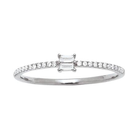 Bague solitaire diamants baguettes et ronds , Or blanc 18k