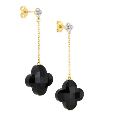 Boucles d'oreilles pendantes Onyx + diamants or jaune