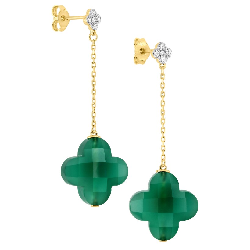 Boucles d'oreilles pendantes Agate verte + diamants or jaune