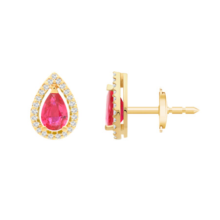 Boucles d'oreilles or jaune, Rubis poire, entourage diamants