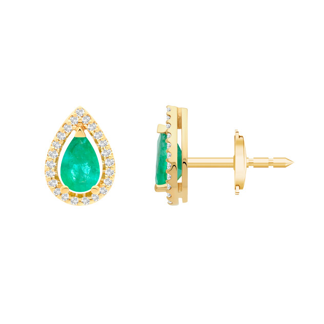 Boucles d'oreilles or jaune, Emeraude poire entourage diamants