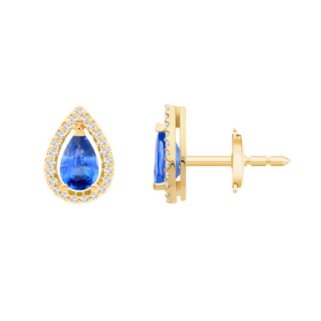 Boucles d'oreilles or jaune, Saphir Ceylan poire, entourage diamants