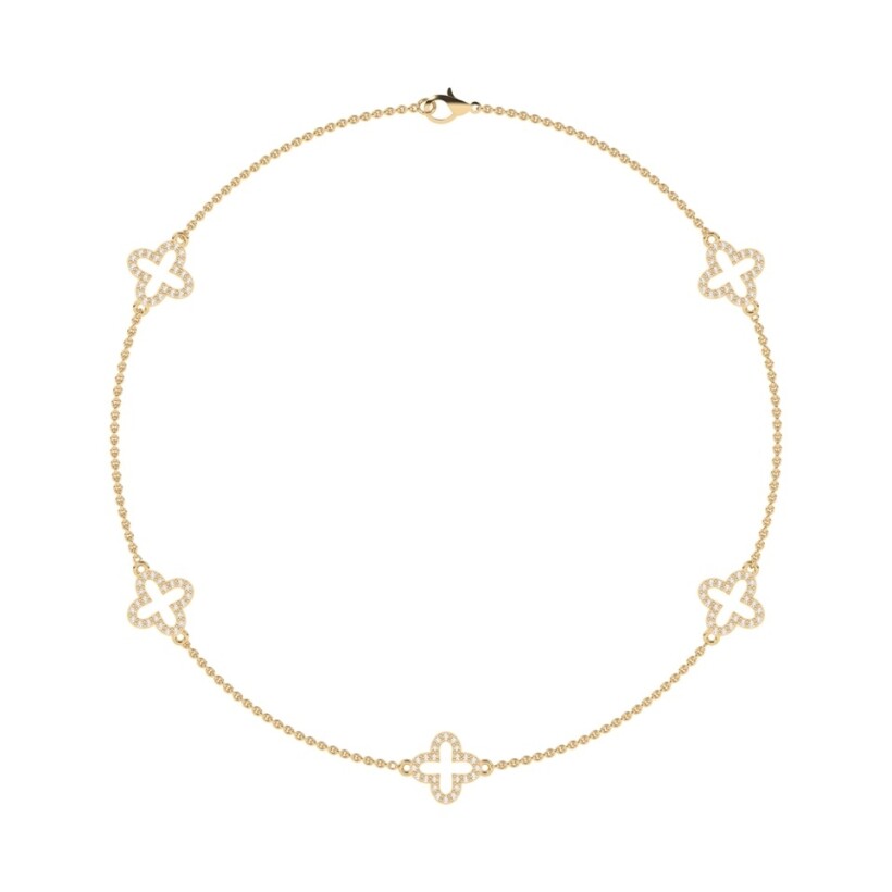 Collier Sautoir  60 cm Trèfles en or jaune 18K pavé de diamants