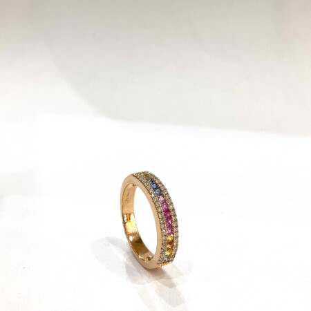 Bague or rose saphirs multicolores et diamants