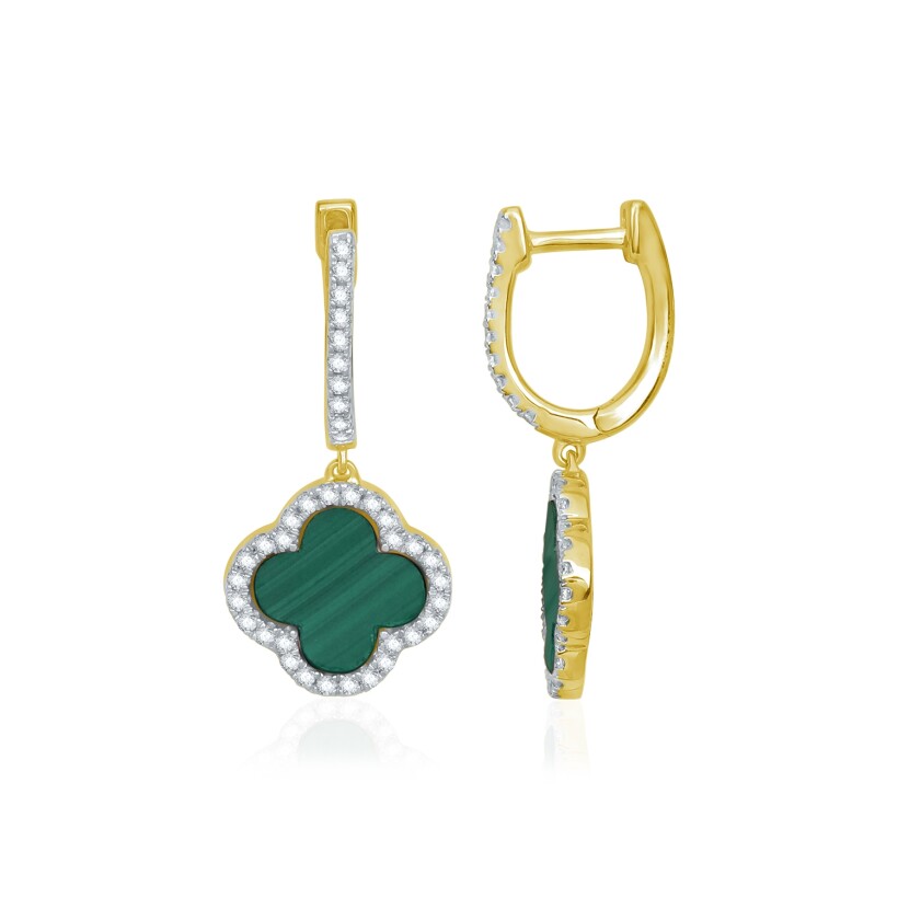 Boucles d'oreilles type dormeuse or jaune Diamants et pendant Malachite et diamants.