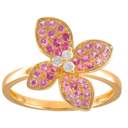 Bague fleur, diamants, rubis, saphirs roses et or jaune