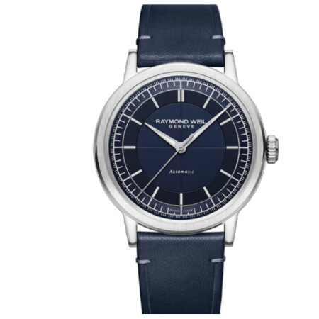 Montre Millesime automatique bracelet en cuir bleu pour homme, 39.5 mm