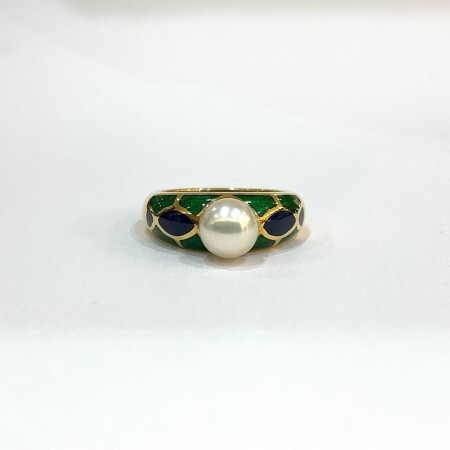 Bague or jaune corps damier arlequin bleu et vert et perle blanche