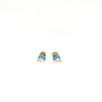Boucles d'oreilles Dauphin or jaune et email bleue