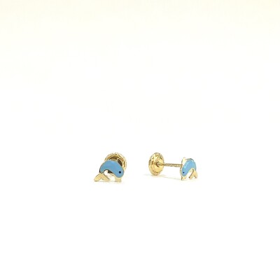 Boucles d'oreilles Dauphin or jaune et email bleue