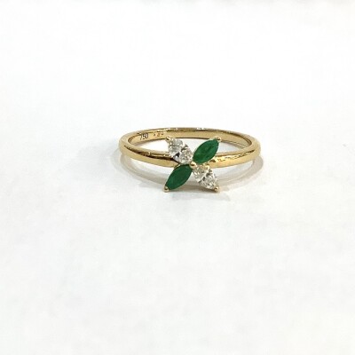Bague pierre précieuse Emeraude navette 0.22ct carats et diamants 0,18 carats GSI
