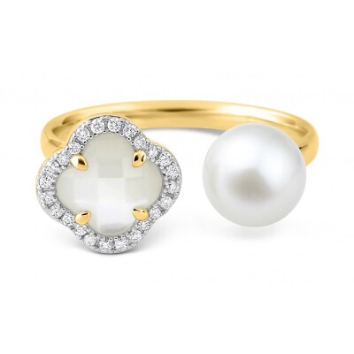 Bague Victoria Perle Nacre Blanche, Diamants, Or Jaune