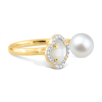 Bague Victoria Perle Nacre Blanche, Diamants, Or Jaune