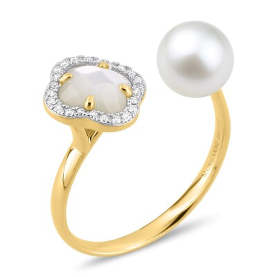 Bague Victoria Perle Nacre Blanche, Diamants, Or Jaune