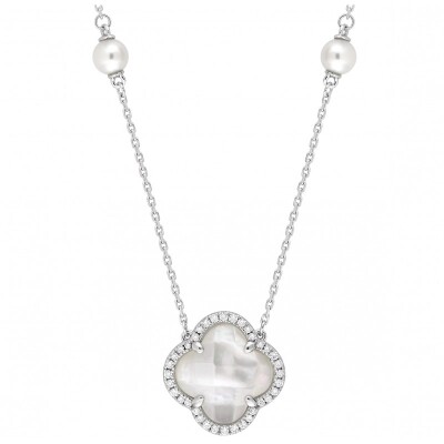 Collier Victoria Perles ,Nacre Blanche, Diamants, Or Blanc