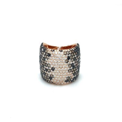 Bague pavée en or rose – Diamants noirs, bruns et blancs – Design plat et large