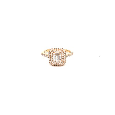 Bague rectangle double entourage or rose et diamants