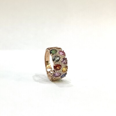 Bague Arc en ciel en or rose, saphirs multicolores et diamants