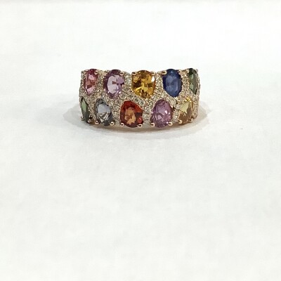 Bague Arc en ciel en or rose, saphirs multicolores et diamants