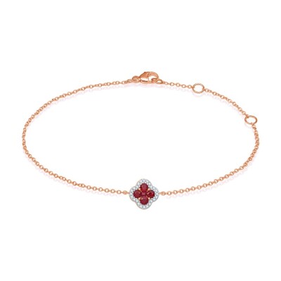 Bracelet trèfle or rose Rubis et diamants