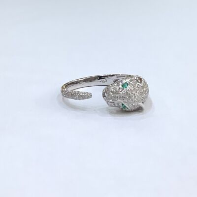 Bague Panthère or blanc pavée diamants yeux émeraudes