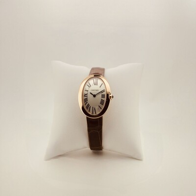 Montre Baignoire PM Petit modèle, mouvement quartz, or rose, cuir