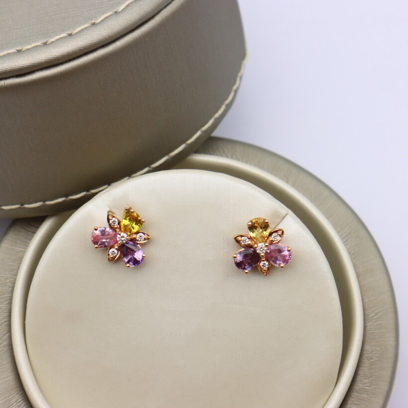 Boucles d'oreilles saphirs rose, violet, jaune et diamants