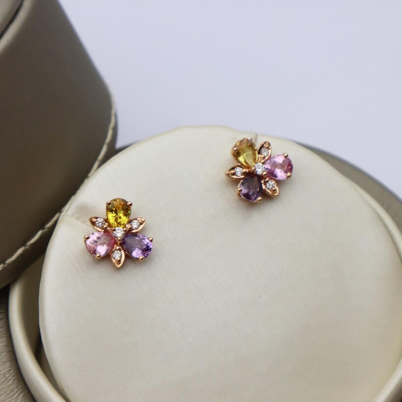 Boucles d'oreilles saphirs rose, violet, jaune et diamants