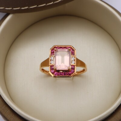 Bague or rose, quartz rose et rhodolite
