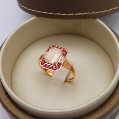 Bague or rose, quartz rose et rhodolite