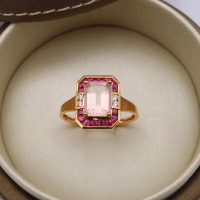 Bague or rose, quartz rose et rhodolite