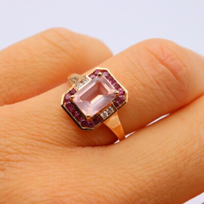 Bague or rose, quartz rose et rhodolite
