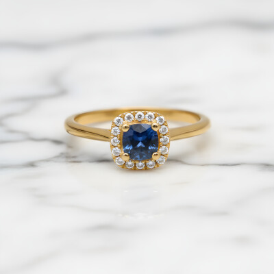 Bague or jaune, saphir et entourage diamants