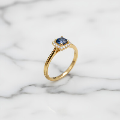 Bague or jaune, saphir et entourage diamants