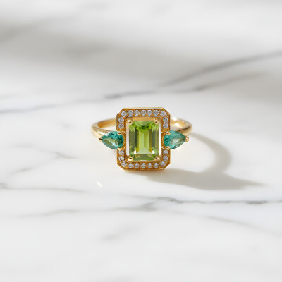 Bague or jaune péridot, entourage émeraudes et diamants