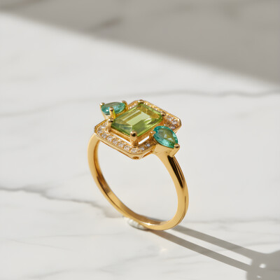 Bague or jaune péridot, entourage émeraudes et diamants