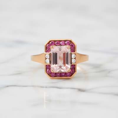Bague or rose, quartz rose et rhodolite