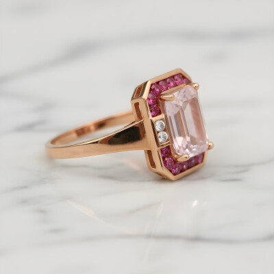 Bague or rose, quartz rose et rhodolite