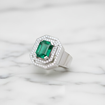 Bague or blanc, émeraude et diamants