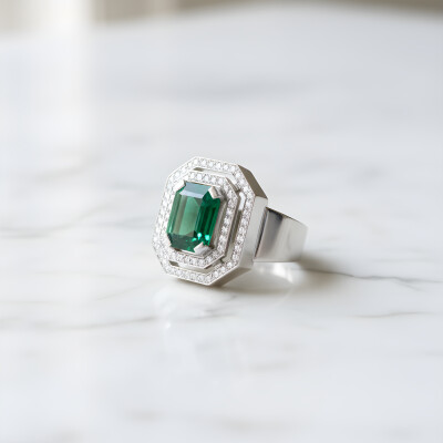 Bague or blanc, émeraude et diamants