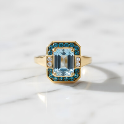 Bague or jaune, topaze bleue et diamants