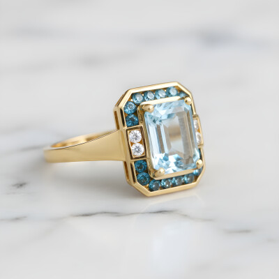Bague or jaune, topaze bleue et diamants