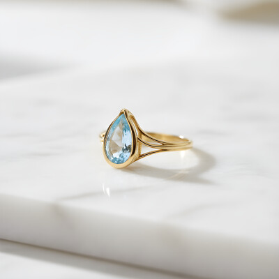 Bague or jaune et topaze bleue