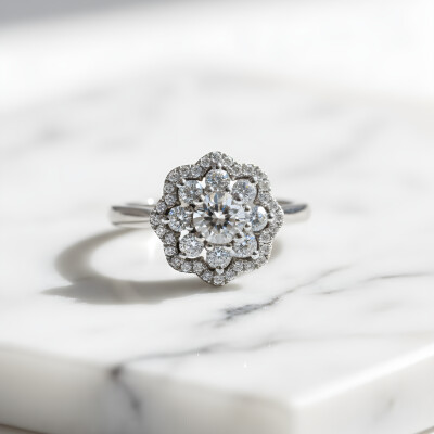 Bague or blanc diamant brillant et entourage diamants