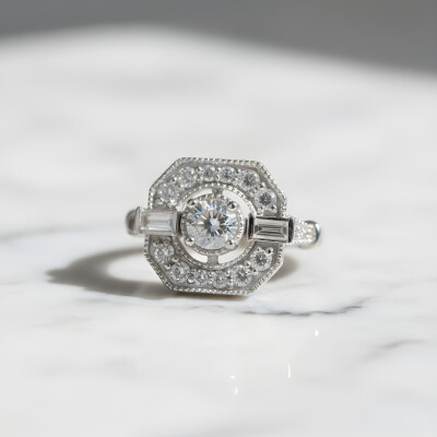 Bague or blanc, diamant et pans coupés