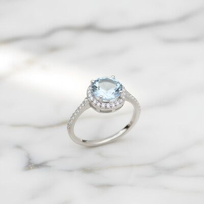 Bague or blanc, aigue-marine et diamants