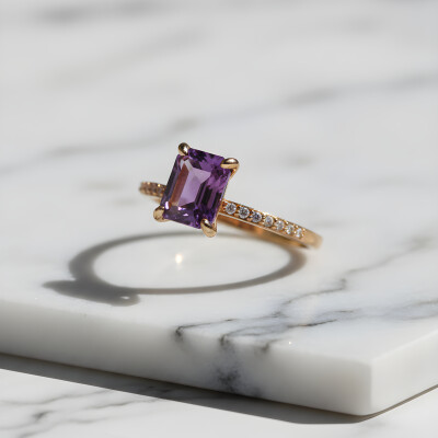 Bague or rose avec améthyste et diamants