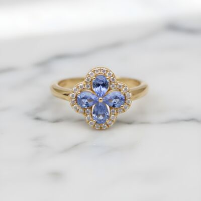 Bague or jaune, motif trèfle avec saphir de Ceylan et diamants