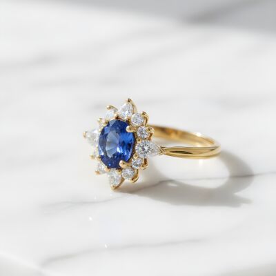 Bague or jaune, saphir et entourage diamants