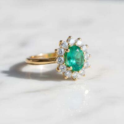 Bague or jaune, émeraude et entourage diamants